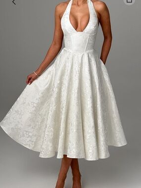 Baby Boo V-Neck White Midi Dress with Floral Jacquard